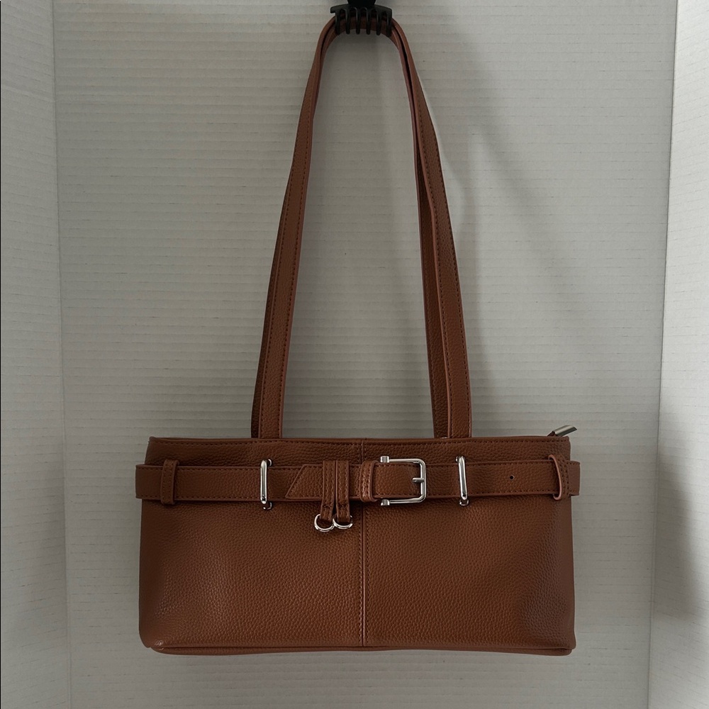 Belt Strap Texture Faux Leather Handbag, New. Color:Tan